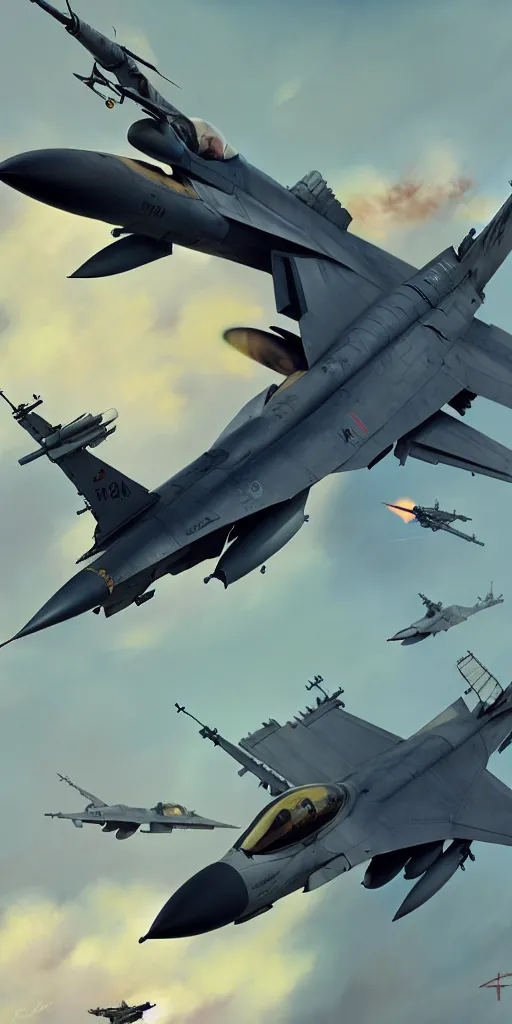 Prompt: f - 1 6 flyby in the style of greg rutkowski and wlop, and lisa frank, and bob ross, and ruan jia, illustration, epic, military aviation, hyper detailed, smooth, unreal engine, sharp focus, ray tracing