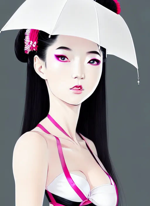 Prompt: glamorous and sexy Geisha schoolgirl, beautiful pale makeup, pearlescent skin, natural beauty, seductive eyes and face, elegant japanese woman, lacivious pose, very detailed face, seductive, sexy push up bras, pale and coloured kimono, photorealism, Anime, cyberpunk, Warhammer, highly detailed, artstation, illustration, art by Ilya Kuvshinov and Gustav Klimt