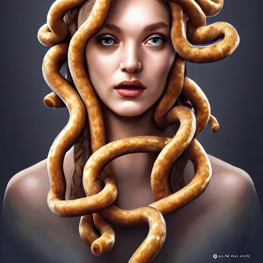 Prompt: medusa with hair made of sausages, award winning creature portrait photography, extremely detailed, artstation, 8 k, sensual lighting, incredible art, wlop, artgerm