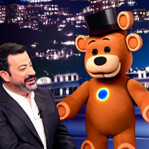 Image similar to Jimmy Kimmel interviewing Freddy Fazbear, tv show, television,