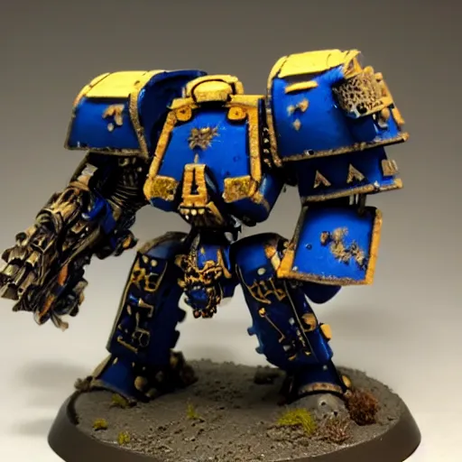 Prompt: warhammer 4 0 k dreadnought painted blue and gold