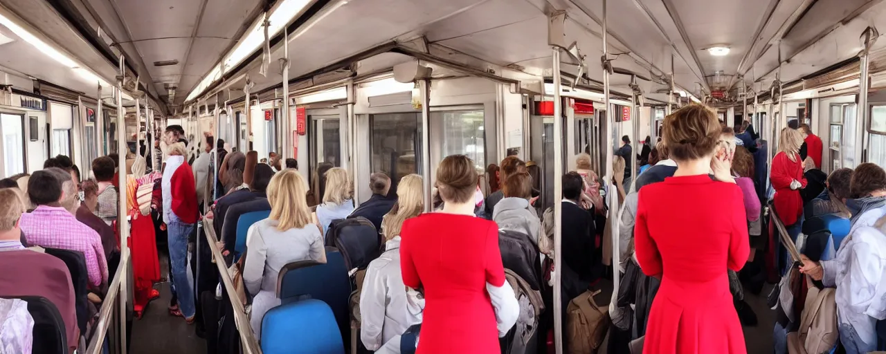 Prompt: inside a train wagon, people are standing close, rush hour, ham instead of heads, woman with red dress in middle