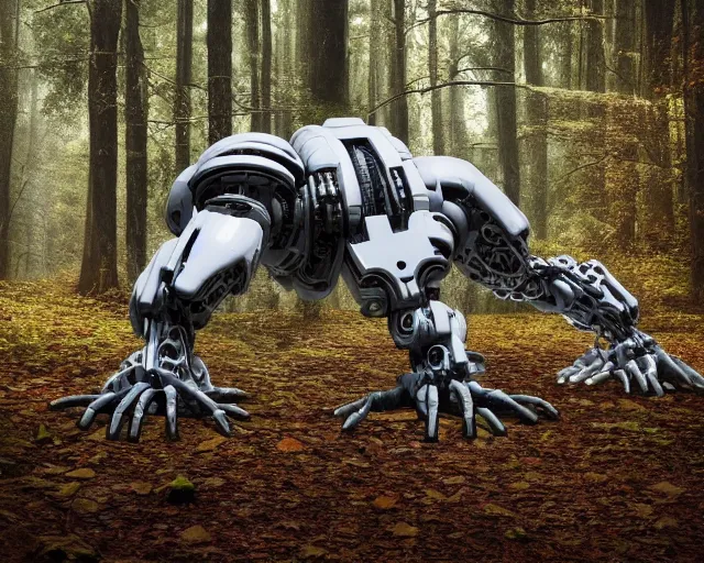 Image similar to photo of a giant huge white terminator spider with heavy duty biomechanical hydraulic cybernetic body with antennas and visor cogs and gears and components in the forest. cyberpunk horror style. highly detailed 8 k. intricate. nikon d 8 5 0 5 5 mm. award winning photography.