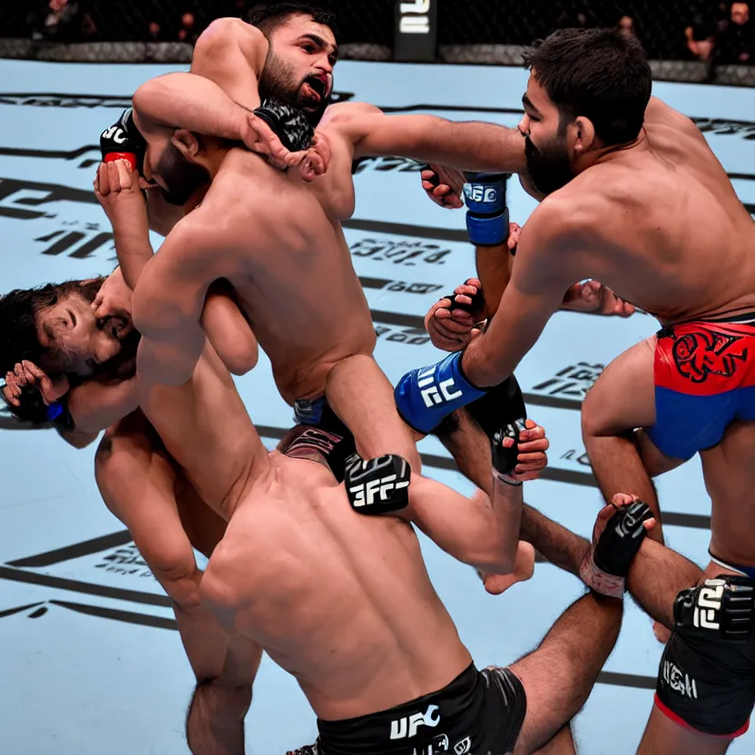 Prompt: ufc fight between rohit sharma & virat hohli in octagon, ultra realistic, highly detailed, canon 3 5 mm photography