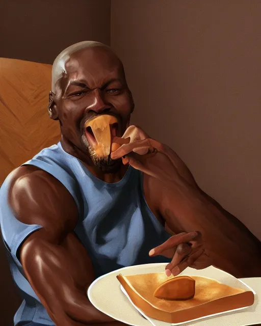 Image similar to micheal jordan eating at panera bread, hyper realistic, ambient lighting, concept art, intricate, hyper detailed, smooth, volumetric lighting, octane