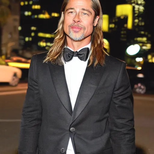 Prompt: a photograph of brad pitt making the troll face pose in downtown la, high quality photography at night