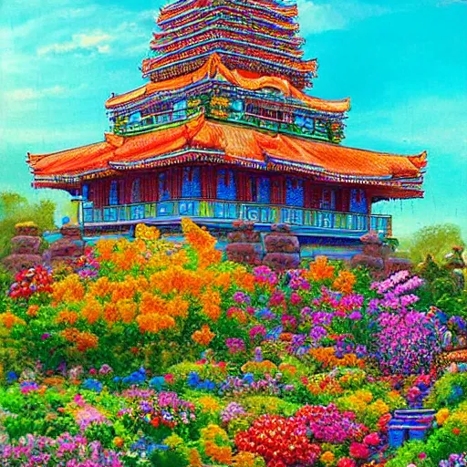 Prompt: a beautiful landscape of a temple with a garden of colorful flowers by Aleksandr Korol. Hyperdetailed