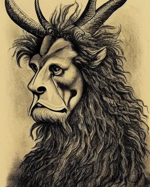 Image similar to a creature with the body and eyes of a man, with the beak of an eagle, the mane of a lion, and the horns of an ox. drawn by francis bacon