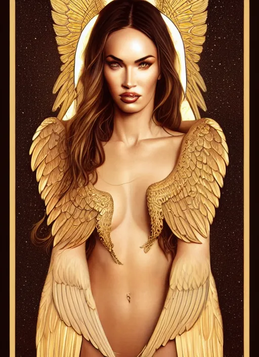 Image similar to portrait of megan fox as an blonde angel, wings, bible, corona, gold, jewelry, intricate, headshot, highly detailed, digital painting, artstation, concept art, sharp focus, cinematic lighting, illustration, art by artgerm and greg rutkowski, alphonse mucha, cgsociety