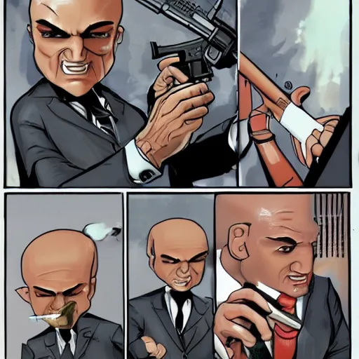 Image similar to agent 47 crochets a gun