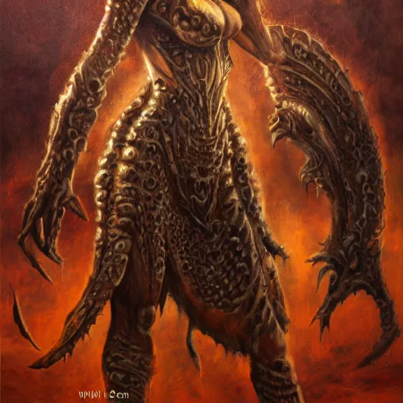 Image similar to female zerg, dark oil painting, realistic behavior