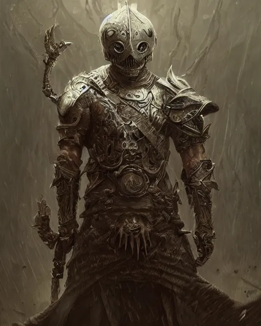 Prompt: skeletal warrior, intricate helm wielding a sword, hyper realistic, fantasy art, in the style of greg rutkowski, intricate, hyper detailed, smooth