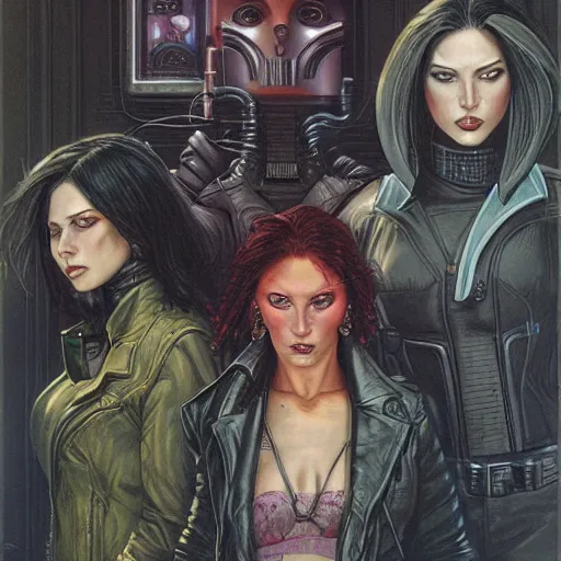 Image similar to portrait of three cyberpunk female outlaws, by gerald brom