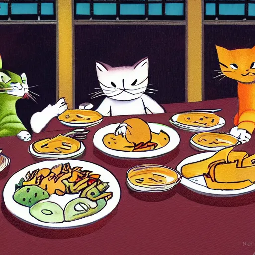 Image similar to cartoon cats having a nice dinner