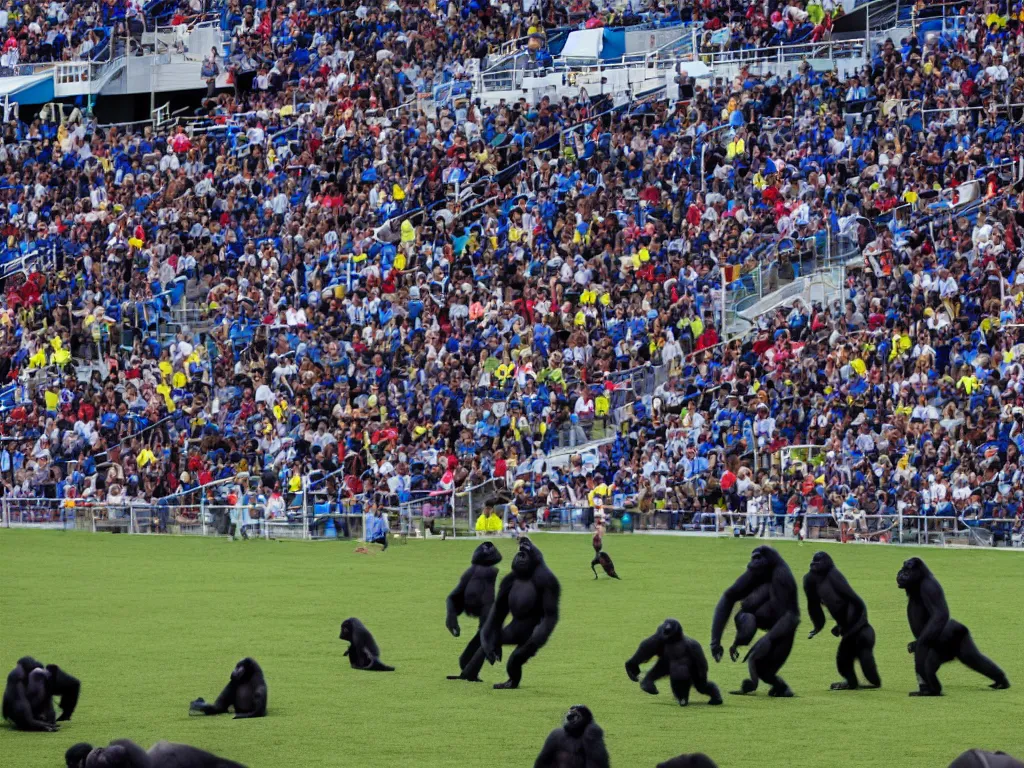 Prompt: gorillas playing a soccer game in a stadium full of people, vivid