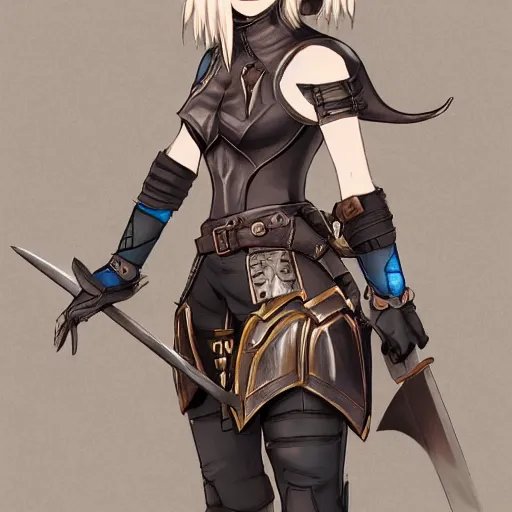 Prompt: a female adventurer in leather armor with a sword attached to her hip, anime style, character sheet, concept art, silver hair, detailed face, artstation, trending, masterpiece, sharp focus, blue eyes, leather shoulder pad, high resolution, beautiful