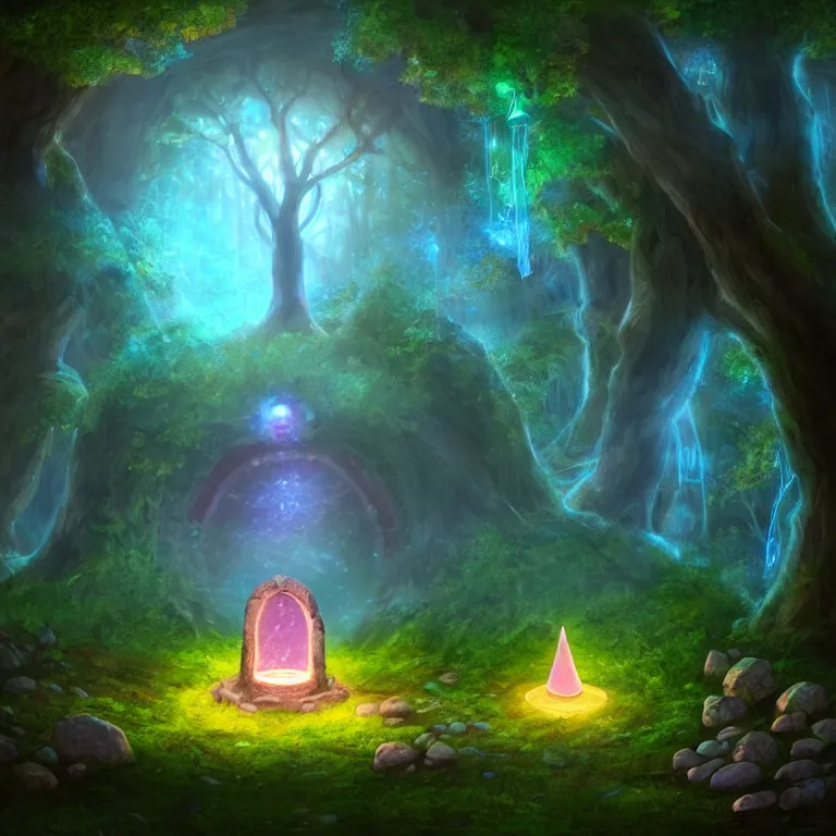 Image similar to Fantasy Magical fairy-tale glowing stone portal in the forest. Round stone portal teleport in trees to other worlds. Fantastic landscape. Magic Altar in the fores, highly detailed, digital painting, artstation