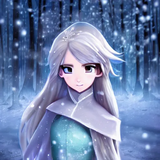 Image similar to portrait focus of knight beautiful 3D anime girl, Frozen ice armor wearing, dark forest background, snowing, bokeh, inspired by Masami Kurumada, digital painting, high contrast, unreal engine render, volumetric lighting, high détail