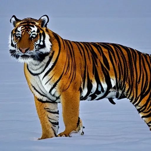 Prompt: A shark-tiger hybrid in the Arctic snow. A shark-tiger chimera. National Geographic photograph