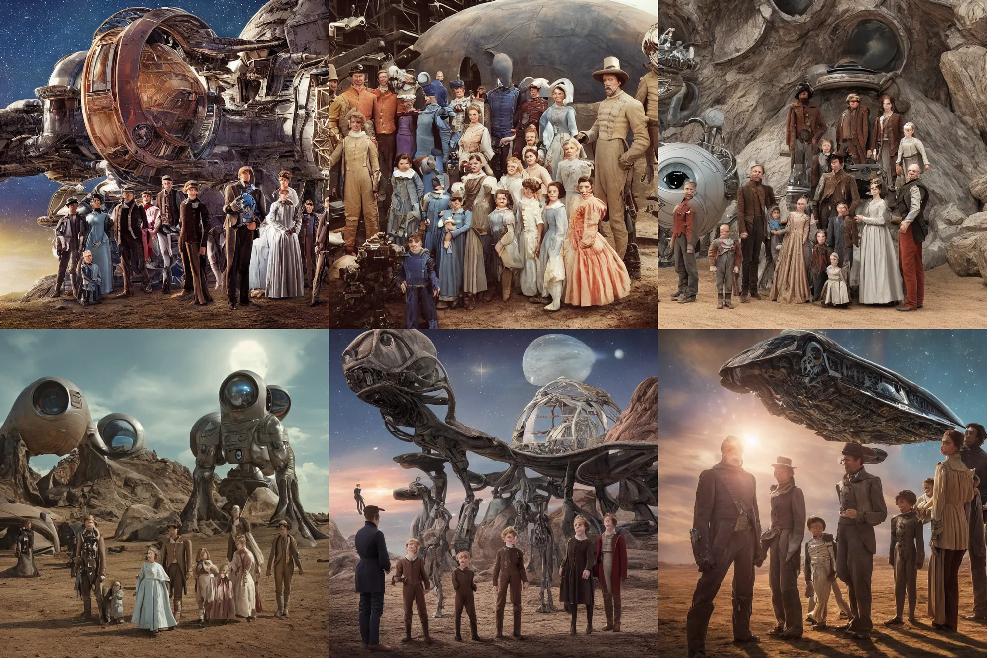 Prompt: detailed, 32768k film still from a sci fi blockbuster color movie made in 2019, set in 1860, of a family standing in front of a spaceship that has just landed on an alien planet, a humanoid alien creature stands nearby, the family are all wearing 1860s era clothes, good lighting, good photography, in focus