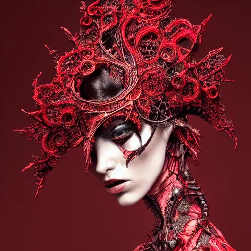 Image similar to a female model by stefan geselle and nekro borja, photorealistic, biomechanical, red lace, intricate details, hyper realistic, ornate headpiece, dark beauty, photorealistic, canon r 3, photography, wide shot, photography, dark beauty, symmetrical features