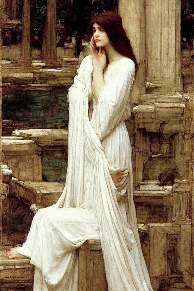 Prompt: beautiful woman in white robes by john william waterhouse, preraphaelite style