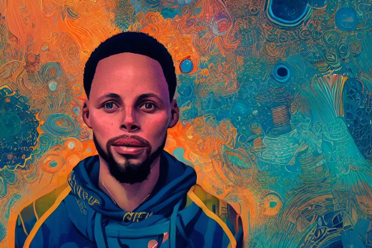 Prompt: Incredible Stephen Curry Portrait, artstation winner by Victo Ngai, Kilian Eng and by Jake Parker, swirly vibrant color lines, winning-award masterpiece, fantastically gaudy, aesthetic octane render, 8K HD Resolution