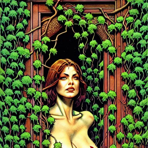 Image similar to Fantasy illustration by Clyde Caldwell Black, thorned ivy covers the walls for thirty feet east of the temple’s doorway. The vines snarl and twist, grasping at the air, as if searching for prey.