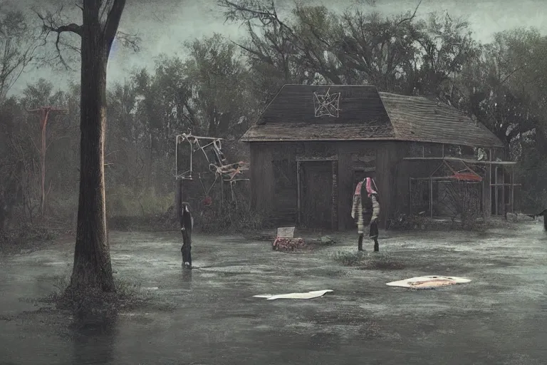 Image similar to scene from louisiana swamps, old protestant church with neon satanic pentagram, junkyard by the road, boy scout troop, voodoo artwork by tim eitel