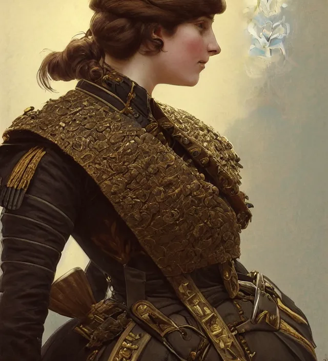 Image similar to portrait of a prussian woman wearing an organge traditional nineteenth century military jacket, metal shoulder pauldrons, intricate, highly detailed, digital painting, artstation, concept art, sharp focus, cinematic lighting, illustration, art by artgerm and greg rutkowski, alphonse mucha, cgsociety