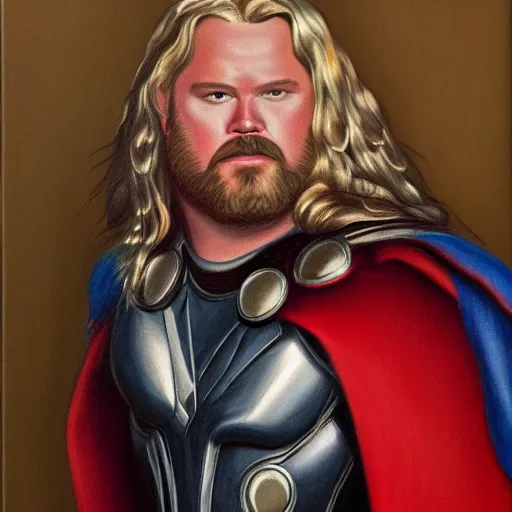 Image similar to Fernando Botero painting of Thor from MCU, high definition art, extremely detailed