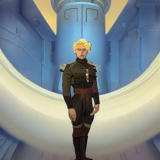 Image similar to portrait of uncannily beautiful blonde man, genetically perfect, with distant expression and piercing blue eyes, wearing fascist Byzantine police uniform and standing in ancient bronze arcology airlock, science fiction concept art by Anato Finnstark, Alphonse Mucha, and Greg Rutkowski