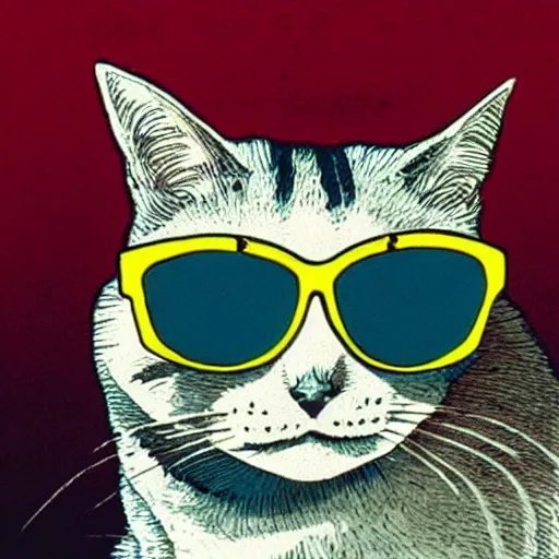 Prompt: a cat wearing sunglasses, by moebius