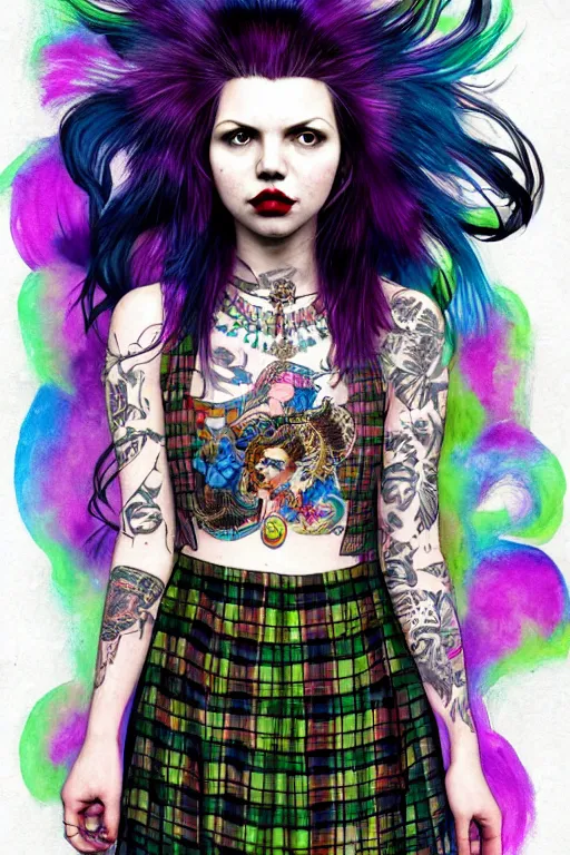 Image similar to portrait of hannah murray as a punk woman with green mohawk, neotraditional tattoos, fishnets, long tartan skirt as delirium of the endless, the sandman, rainbow clothes,, sci - fi, intricate and very very beautiful and elegant, highly detailed, digital painting, artstation, smooth and sharp focus, illustration, art by tian zi and wlop and alphonse mucha