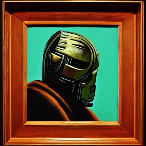 Image similar to beautiful lifelike painting of mf doom remembers his pot holders, hyperreal detailed facial features and uv lighting, art by ed roth and basil wolverton