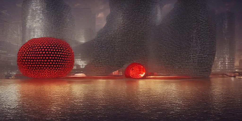 Image similar to An epic architectural rendering of a blob shaped trypophobia house with a mysterious red glow emitting from inside in a modern cityscape next to a river, stunning, gorgeous, golden ratio, photorealistic, featured on artstation, 4k resolution