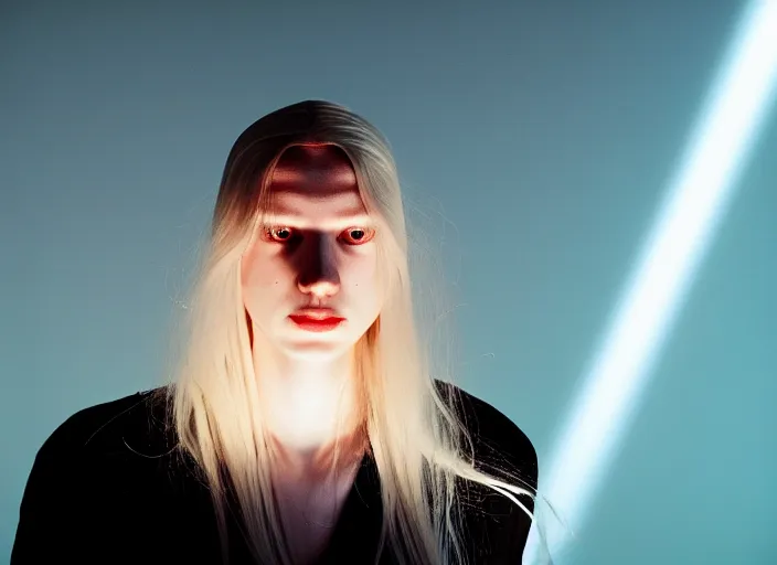 Prompt: waifish androgynous person with long blond hair on stage in front of a computer and alien instruments zeiss lens algorithm code masterpiece stage lighting photograph by wolfgang tillmans