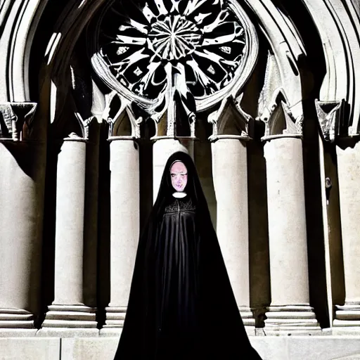 Image similar to architect, white marble gothic cathedral, with mandala flames windows, a gothic girl dressed in black with perfect face