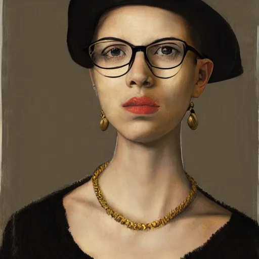 Prompt: a beautiful portrait, cool short haired girl, gold frame glasses, black baseball cap, black t - shirt, by john samuel agar and sofonisba anguissola and pietro annigoni and giuseppe arcimboldo and francis bacon and elizabeth bakewell, trending on artstation