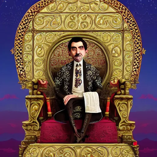 Image similar to Mr. Bean depicted as a medieval king on his throne, fantasy, intricate, ornate, Hyperdetailed, digital art, behance, artstation, smooth, sharp focus, bokeh, illustration, digital painting, elegant, symmetrical