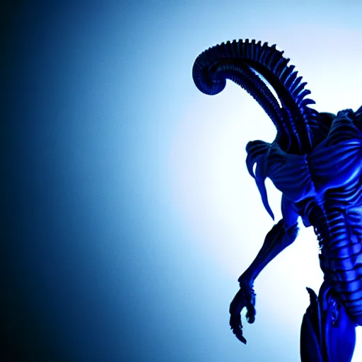 Image similar to a xenomorph looking menacingly at the camera, dramatic blue lighting