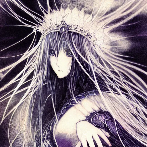 Image similar to yoshitaka amano blurred and dreamy illustration of an anime girl with black eyes, wavy white hair fluttering in the wind wearing elden ring armor and crown with engraving, abstract black and white patterns on the background, noisy film grain effect, highly detailed, renaissance oil painting, weird portrait angle, blurred lost edges, three quarter view