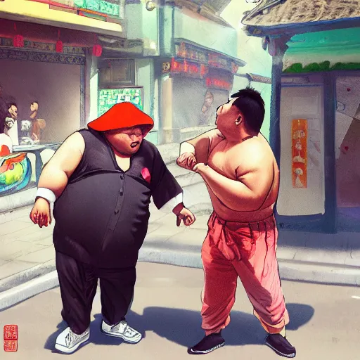 Image similar to A Chinese fat man is quarrelling with a Chinese local ruffian. The background is a watermelon stall on the street.,digital art,trending on artstation.