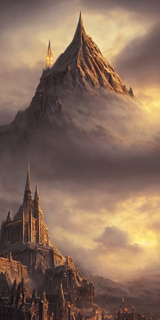 Prompt: beautiful gold fantasy city made from white stone and bright copper built on the side of a volcano, gondor, misty, red sky, medieval city, metropolis, magic, gorgeous clouds, white marble, god rays, digital art, landscape, fantasy art, octane render, ureal engine, high detail, very realistic, by greg rutkowski. by james gurney