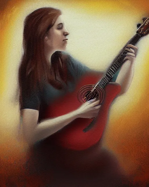 Image similar to a painting of a young country woman playing a guitar in the texas hill - country, in the style of casey baugh, digital art