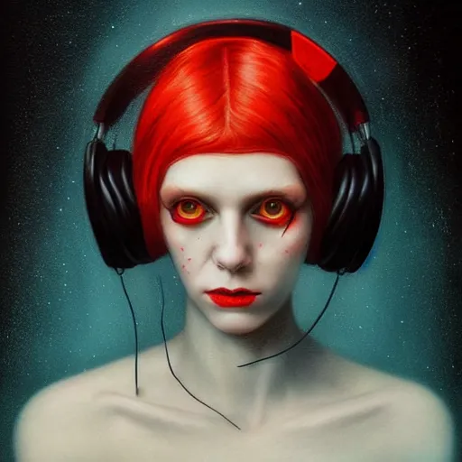 Image similar to portrait of a pale bald woman with red headphones, staring at you, black background, curious eyes, by Anato Finnstark, Tom Bagshaw, Brom