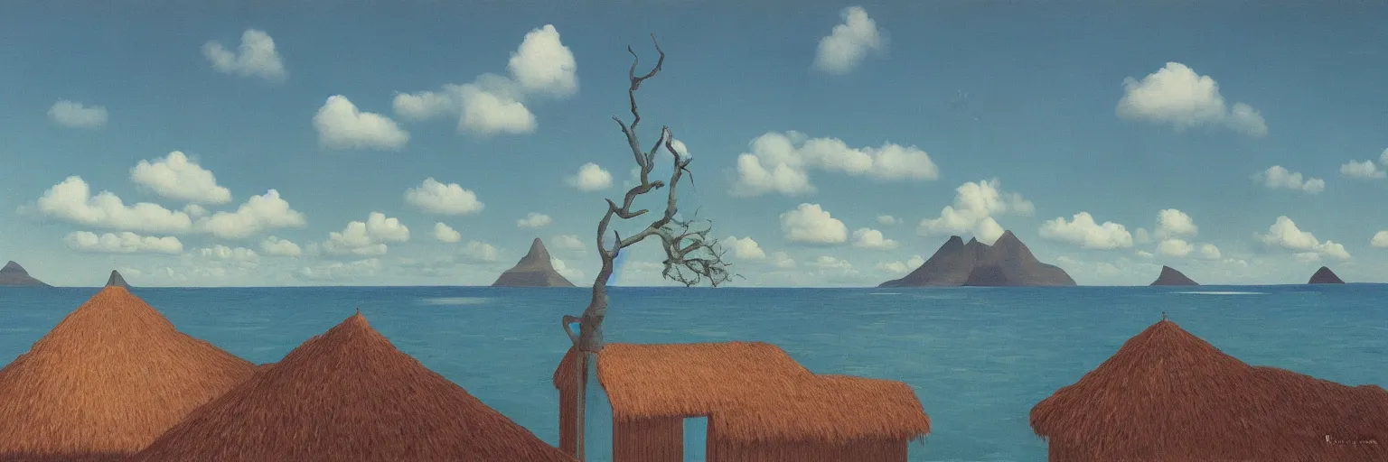 Prompt: tahiti oil painting magritte