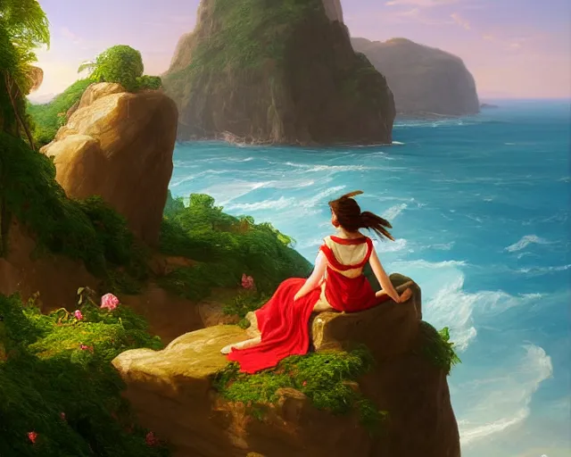 Prompt: a painting of a woman sitting on a rock overlooking an island, a digital painting by thomas cole, cgsociety, metaphysical painting, 2 d game art, storybook illustration, detailed painting