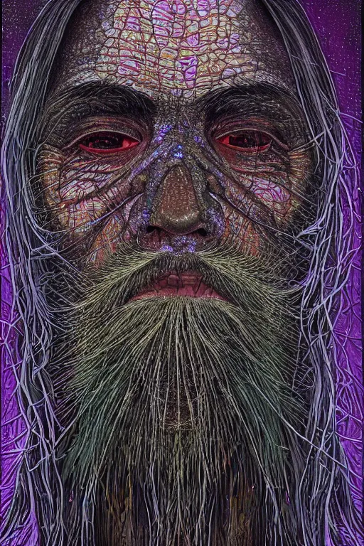 Prompt: dark portrait of one Bioluminescent old shaman, with cracked fractal semi-transparent skin. multicolored fish scales, closeup. long dark hair with insects and plant leaves. at night, realistic. intricate, very detailed, by alex grey and Moebius