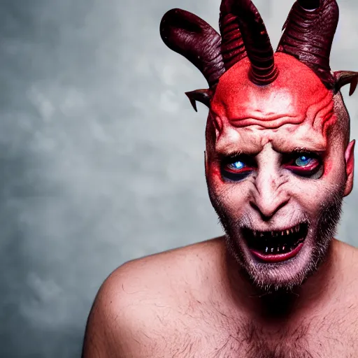 Image similar to a man with small goat horns growing from his head. glowing red eyes and sharp teeth. portrait photography, studio lighting, cinematic, chilling 4 k